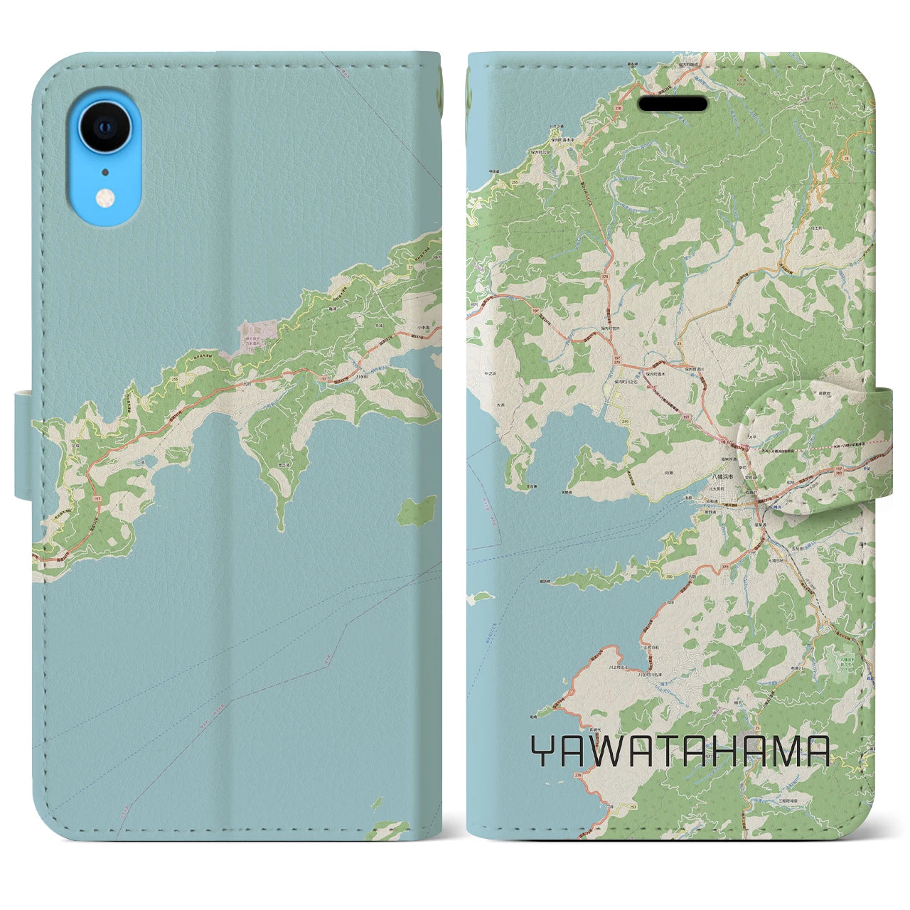 【八幡浜】地図柄iPhoneケース（手帳両面タイプ・ナチュラル）iPhone XR 用