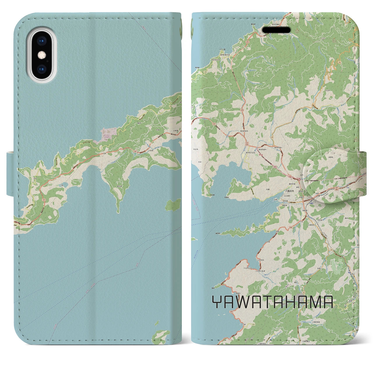 【八幡浜】地図柄iPhoneケース（手帳両面タイプ・ナチュラル）iPhone XS Max 用