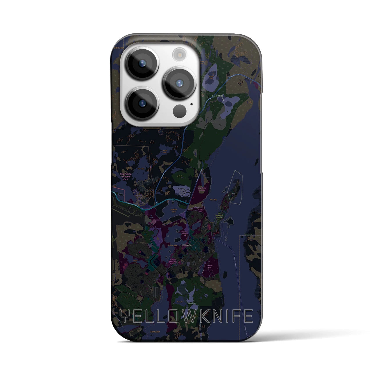 【イエローナイフ】地図柄iPhoneケース（バックカバータイプ・ブラック）iPhone 14 Pro 用