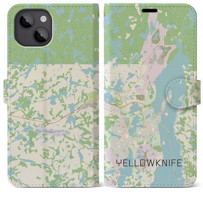 【イエローナイフ（カナダ）】地図柄iPhoneケース（手帳タイプ）ナチュラル・iPhone 14 Plus 用