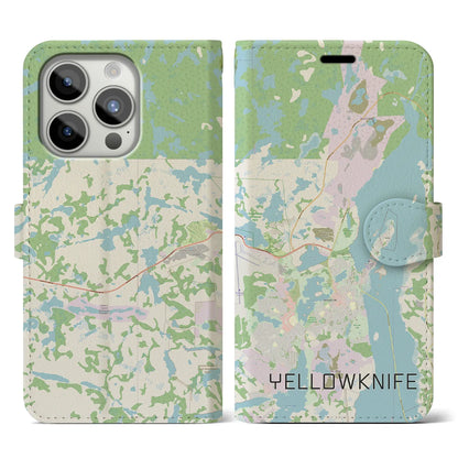 【イエローナイフ（カナダ）】地図柄iPhoneケース（手帳タイプ）ナチュラル・iPhone 15 Pro 用
