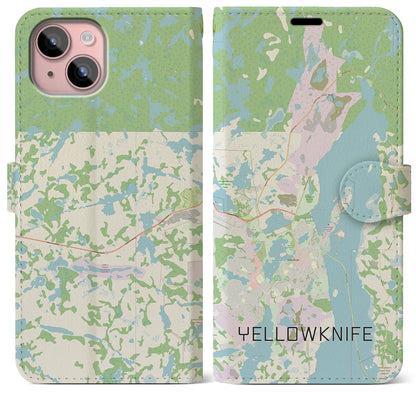 【イエローナイフ（カナダ）】地図柄iPhoneケース（手帳タイプ）ナチュラル・iPhone 15 Plus 用