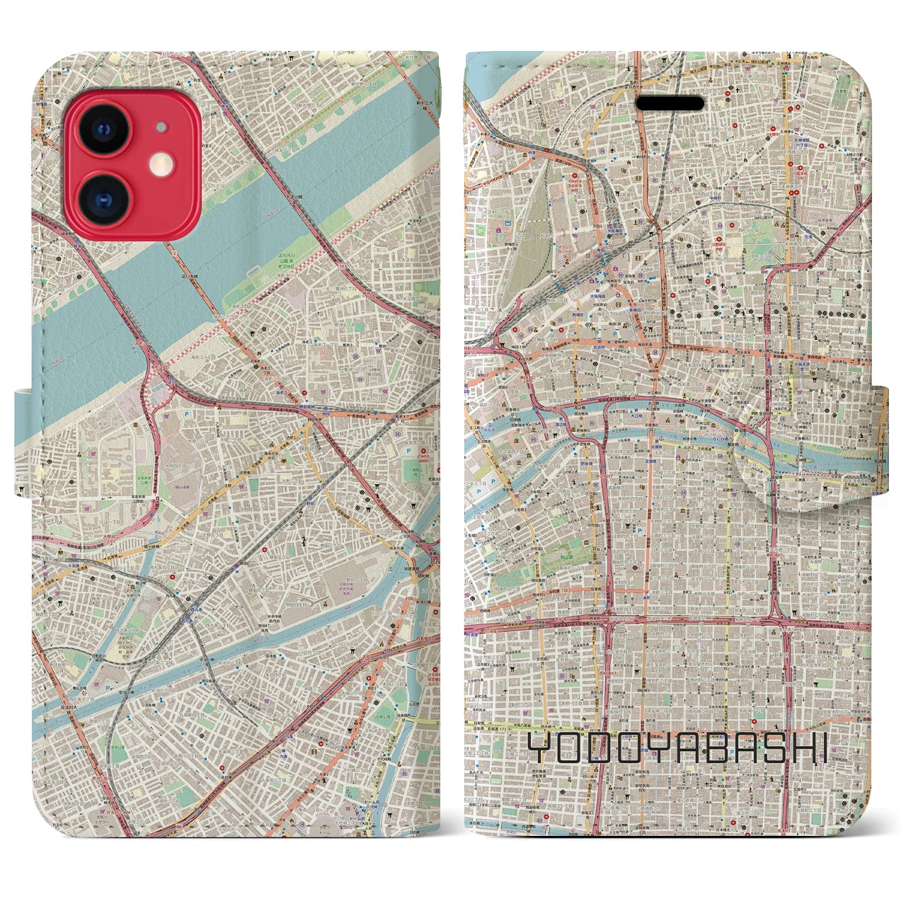 【淀屋橋】地図柄iPhoneケース（手帳両面タイプ・ナチュラル）iPhone 11 用