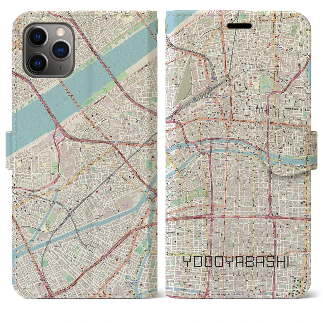 【淀屋橋】地図柄iPhoneケース（手帳両面タイプ・ナチュラル）iPhone 11 Pro Max 用
