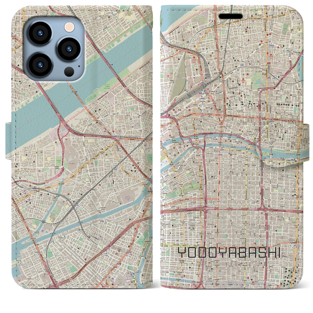 【淀屋橋】地図柄iPhoneケース（手帳両面タイプ・ナチュラル）iPhone 13 Pro Max 用