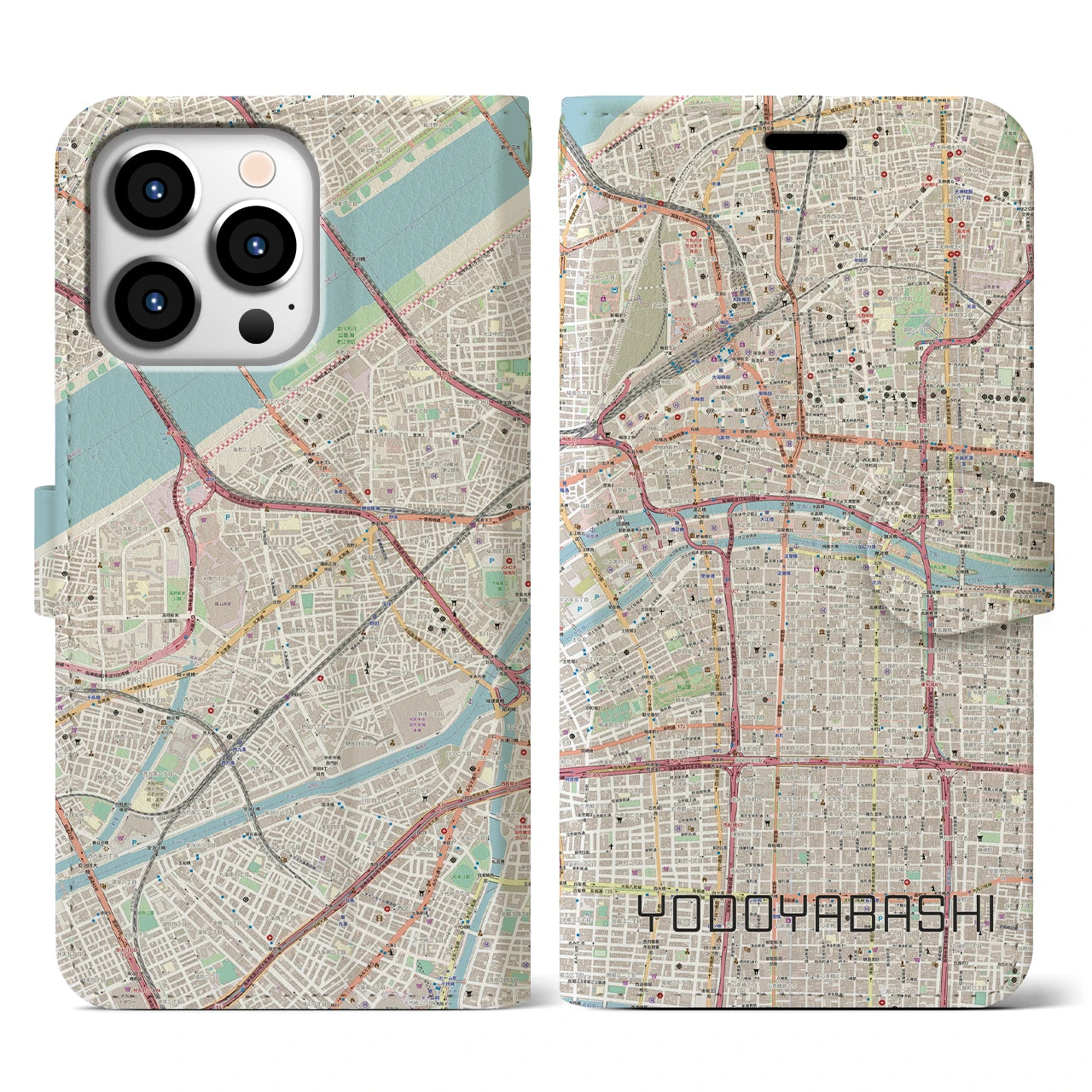 【淀屋橋】地図柄iPhoneケース（手帳両面タイプ・ナチュラル）iPhone 13 Pro 用