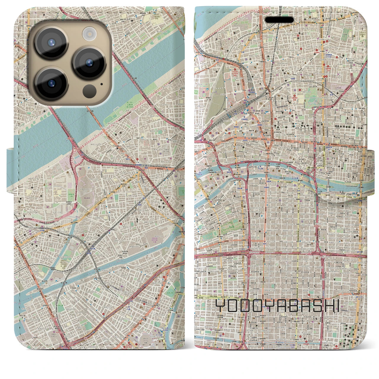 【淀屋橋】地図柄iPhoneケース（手帳両面タイプ・ナチュラル）iPhone 14 Pro Max 用