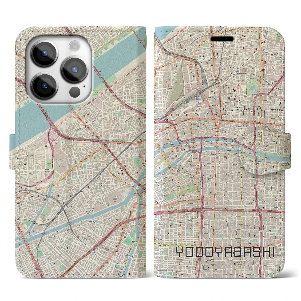【淀屋橋】地図柄iPhoneケース（手帳両面タイプ・ナチュラル）iPhone 14 Pro 用