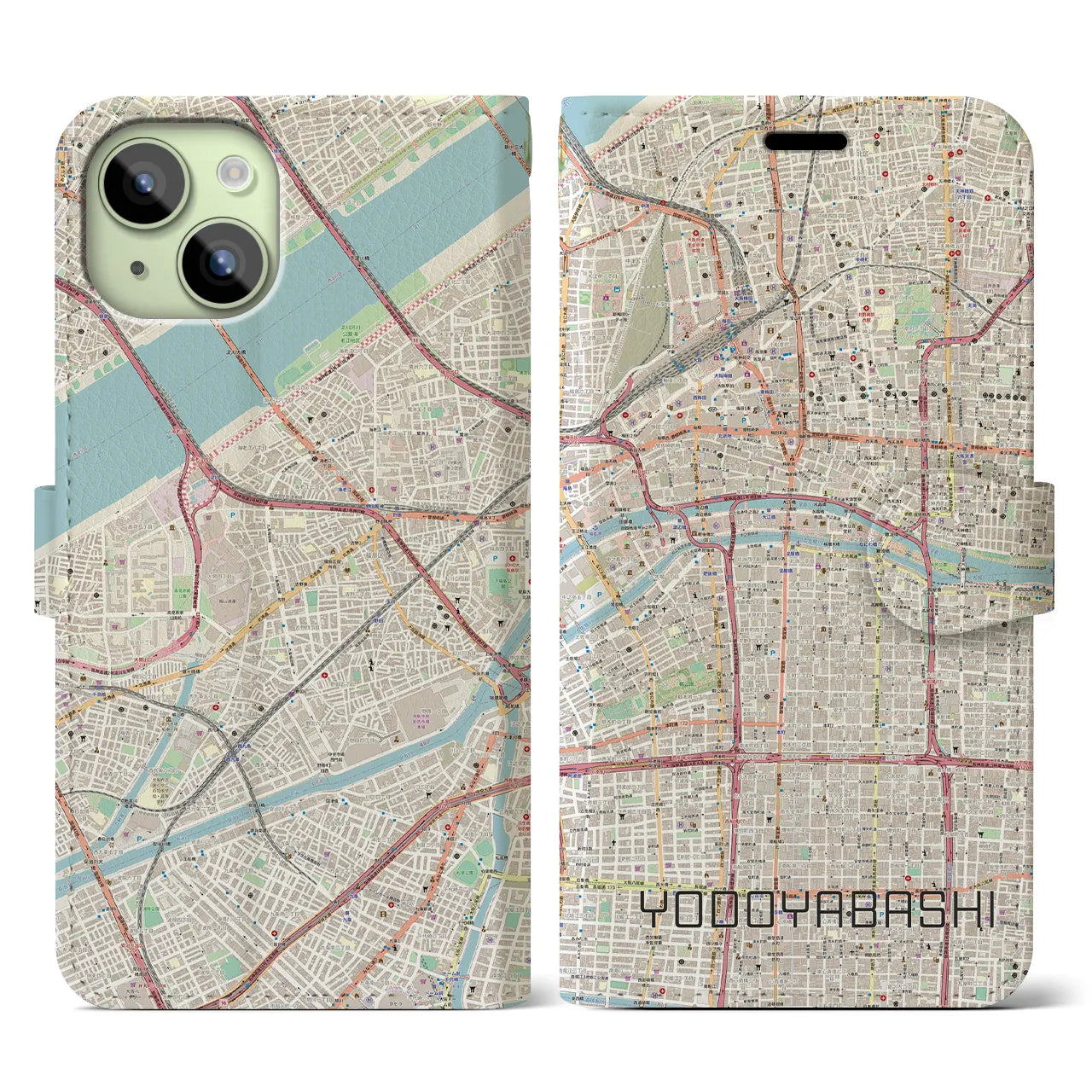 【淀屋橋】地図柄iPhoneケース（手帳両面タイプ・ナチュラル）iPhone 15 用