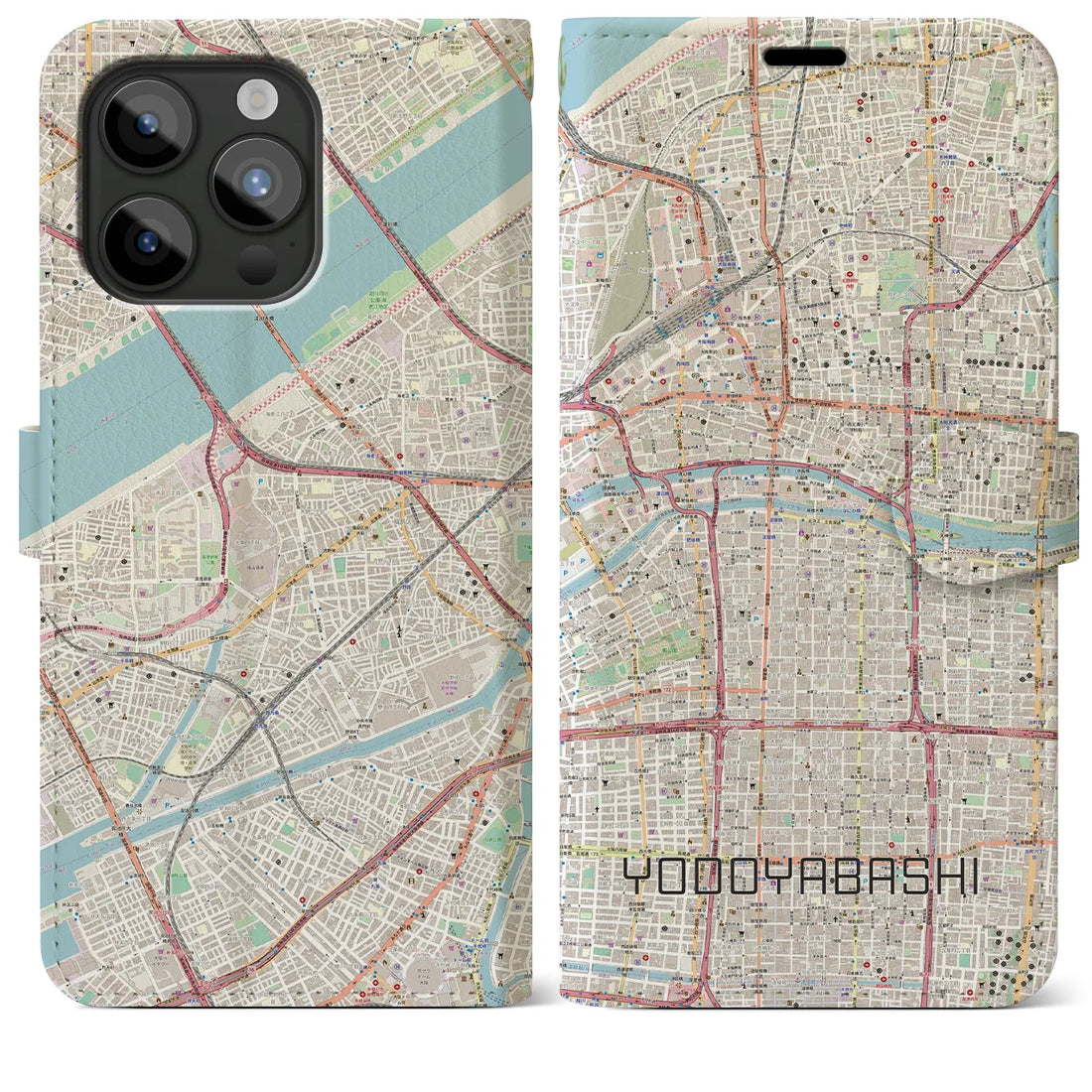 【淀屋橋】地図柄iPhoneケース（手帳両面タイプ・ナチュラル）iPhone 15 Pro Max 用