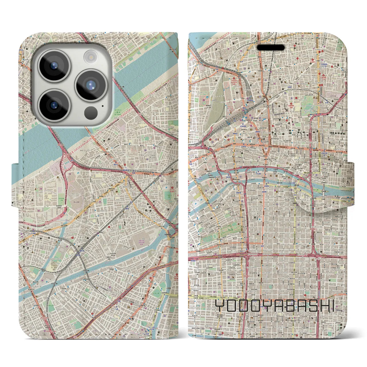 【淀屋橋】地図柄iPhoneケース（手帳両面タイプ・ナチュラル）iPhone 15 Pro 用