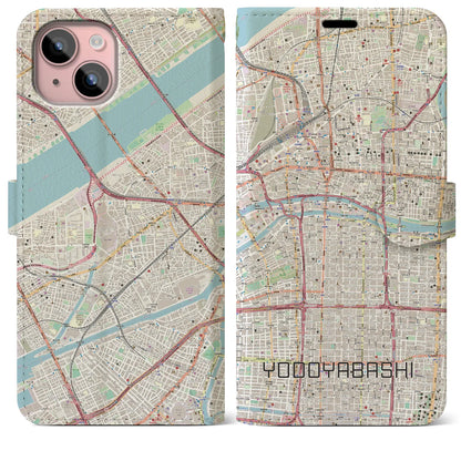 【淀屋橋（大阪府）】地図柄iPhoneケース（手帳タイプ）ナチュラル・iPhone 15 Plus 用