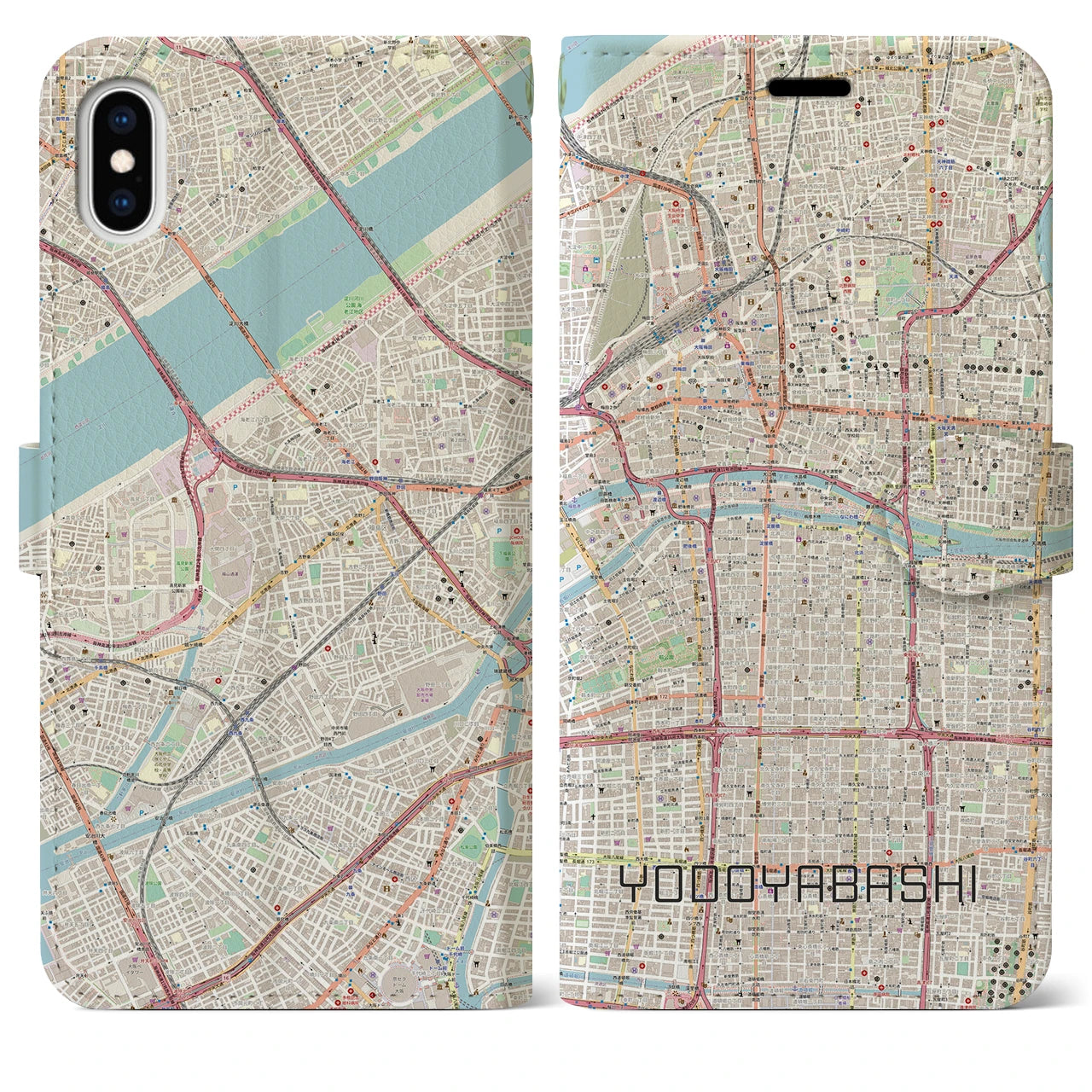 【淀屋橋】地図柄iPhoneケース（手帳両面タイプ・ナチュラル）iPhone XS Max 用