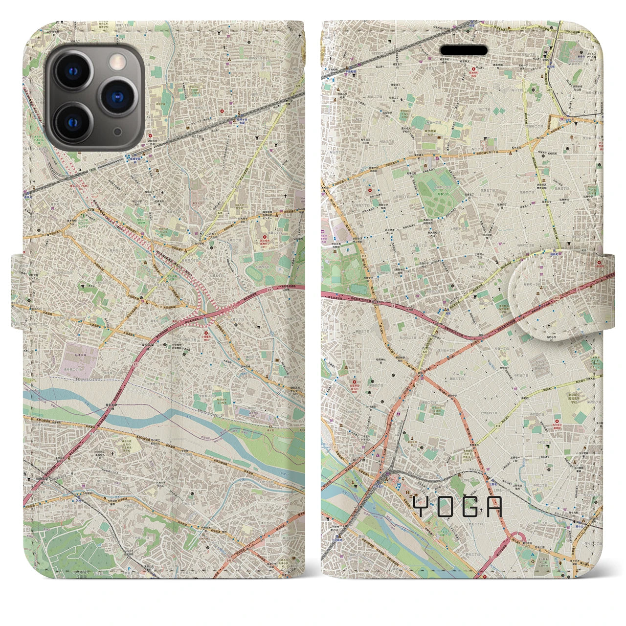 【用賀】地図柄iPhoneケース（手帳両面タイプ・ナチュラル）iPhone 11 Pro Max 用