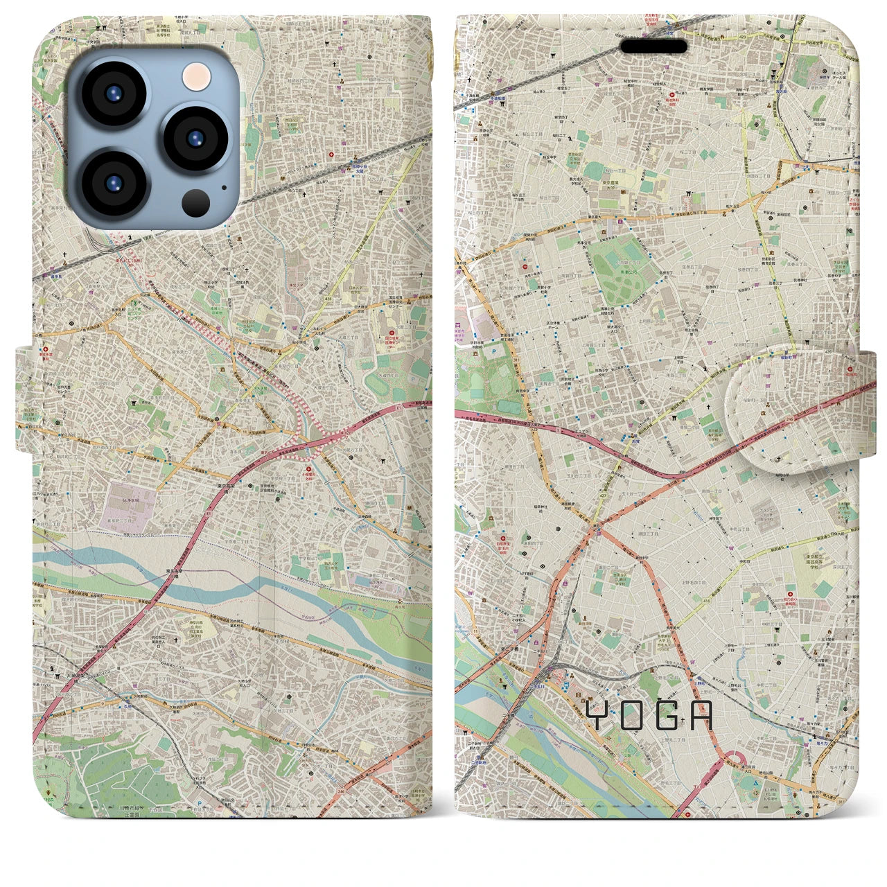 【用賀】地図柄iPhoneケース（手帳両面タイプ・ナチュラル）iPhone 13 Pro Max 用