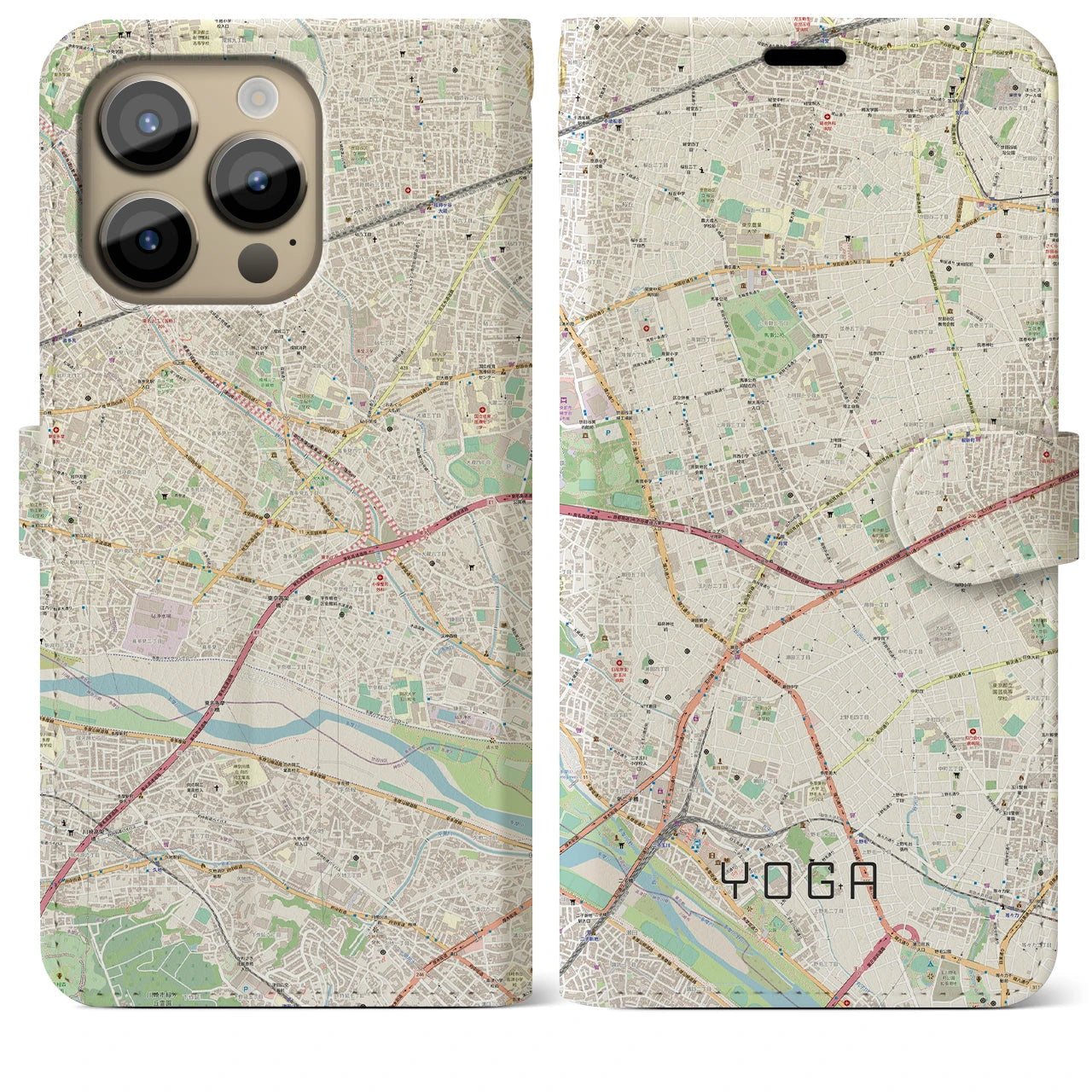【用賀】地図柄iPhoneケース（手帳両面タイプ・ナチュラル）iPhone 14 Pro Max 用