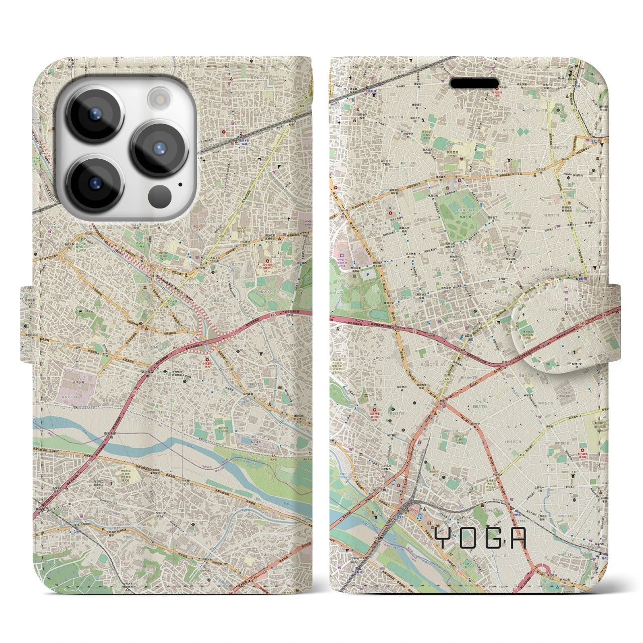 【用賀】地図柄iPhoneケース（手帳両面タイプ・ナチュラル）iPhone 14 Pro 用