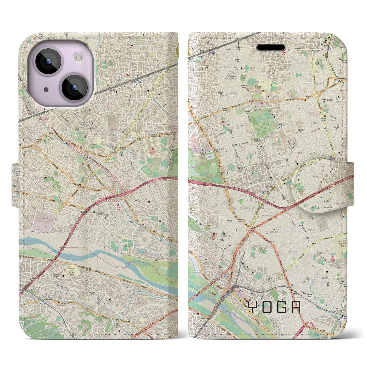 【用賀】地図柄iPhoneケース（手帳両面タイプ・ナチュラル）iPhone 14 用