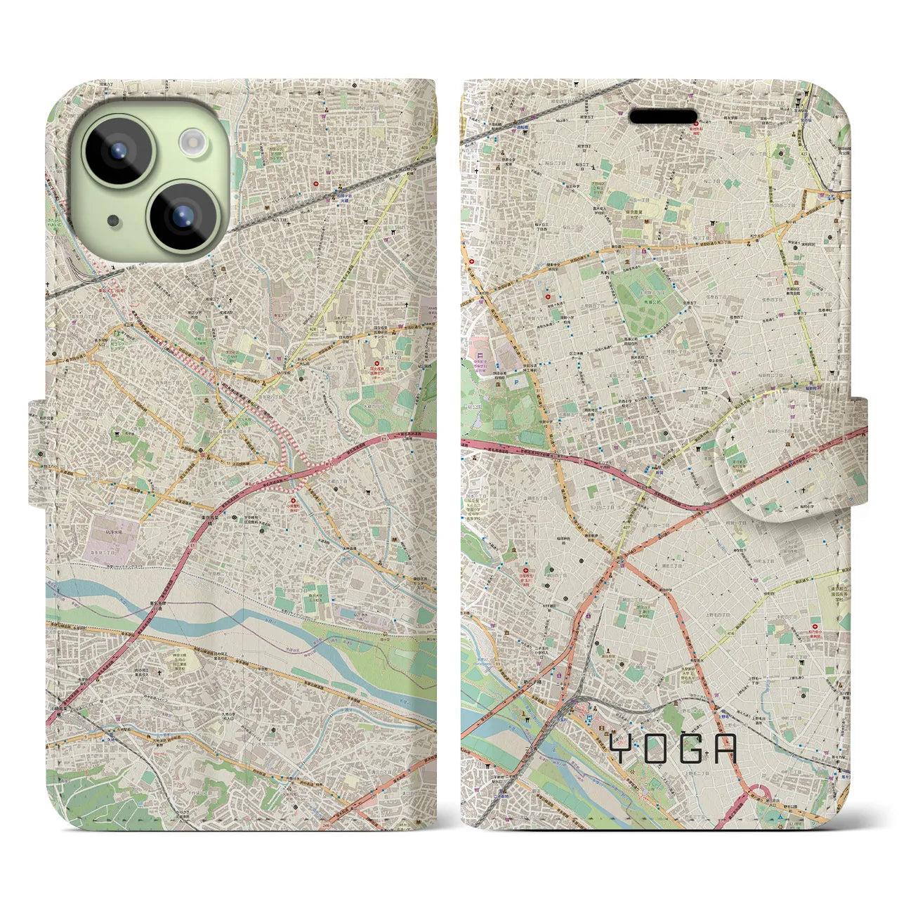 【用賀】地図柄iPhoneケース（手帳両面タイプ・ナチュラル）iPhone 15 用