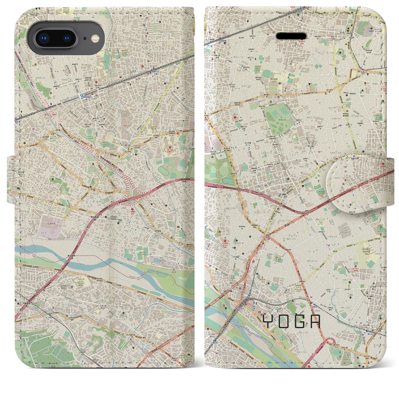 【用賀】地図柄iPhoneケース（手帳両面タイプ・ナチュラル）iPhone 8Plus /7Plus / 6sPlus / 6Plus 用