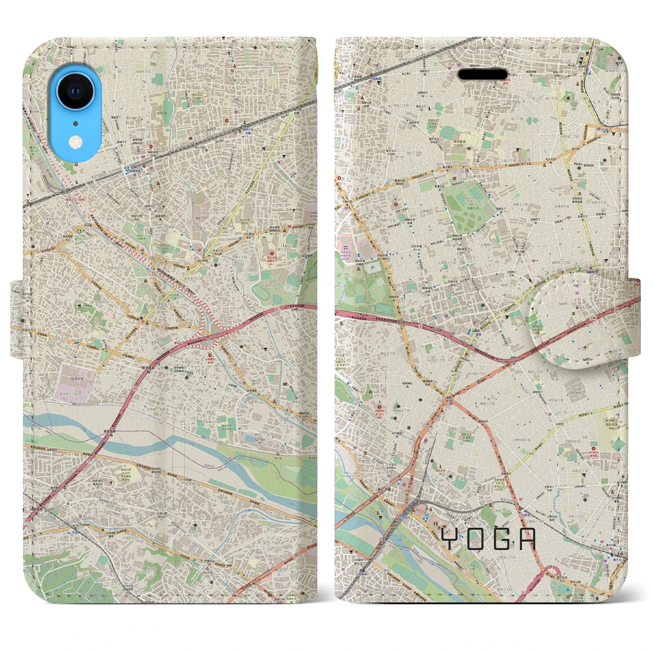 【用賀】地図柄iPhoneケース（手帳両面タイプ・ナチュラル）iPhone XR 用