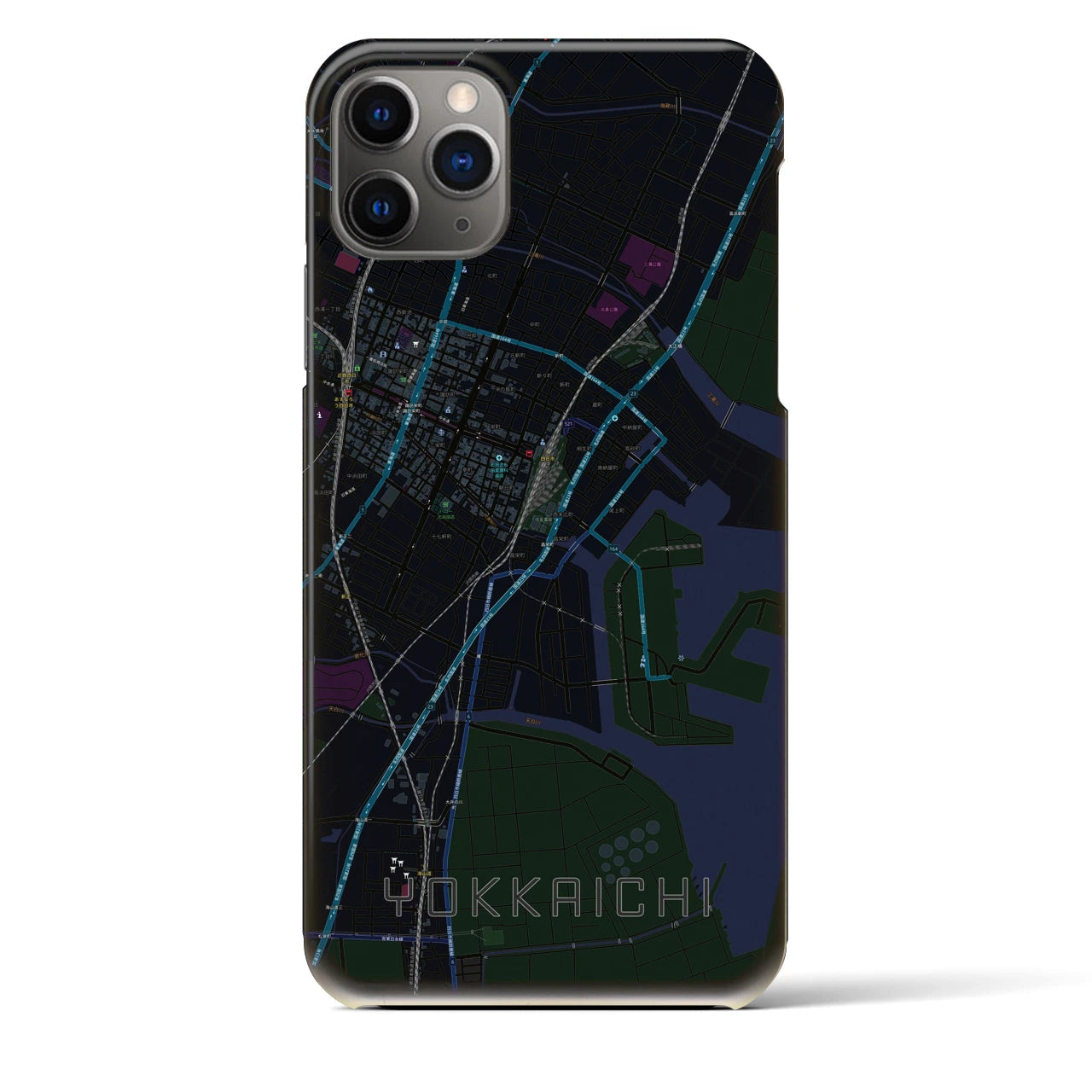 【四日市】地図柄iPhoneケース（バックカバータイプ・ブラック）iPhone 11 Pro Max 用