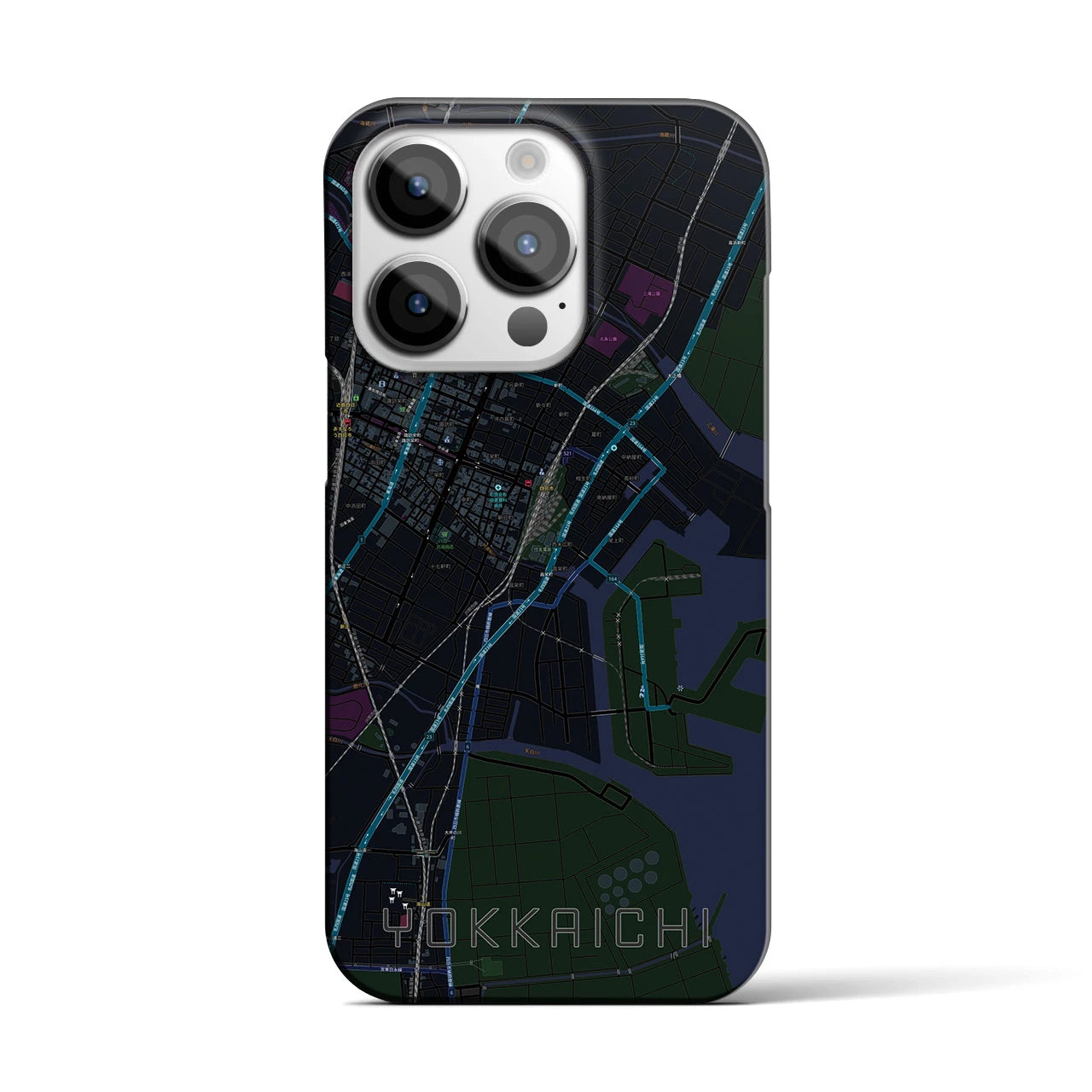 【四日市】地図柄iPhoneケース（バックカバータイプ・ブラック）iPhone 14 Pro 用