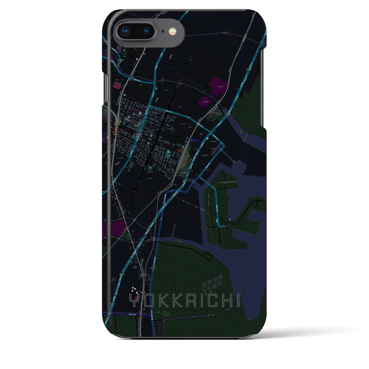 【四日市】地図柄iPhoneケース（バックカバータイプ・ブラック）iPhone 8Plus /7Plus / 6sPlus / 6Plus 用