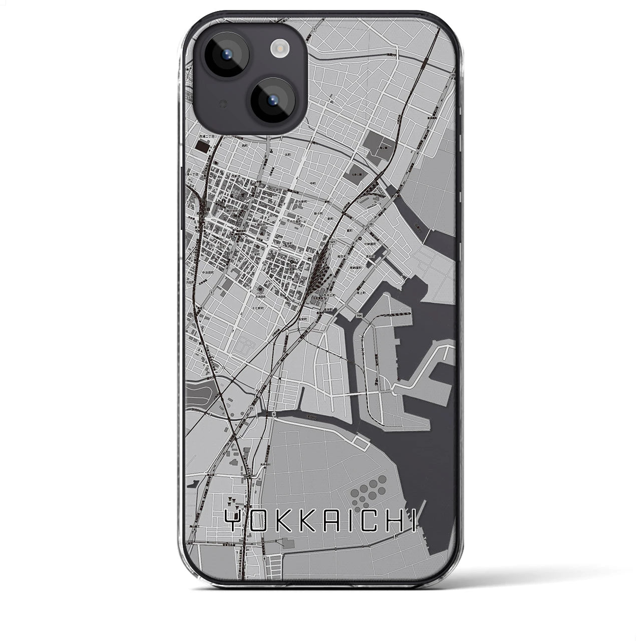 【四日市】地図柄iPhoneケース（クリアタイプ・モノトーン）iPhone 14 Plus 用
