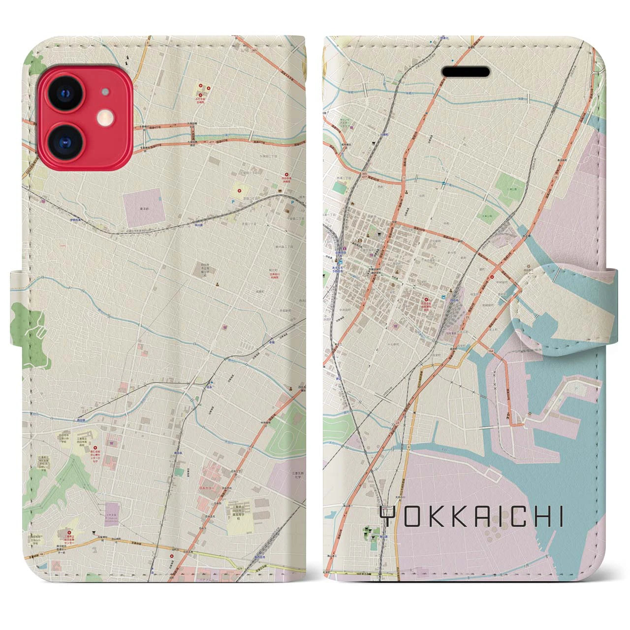 【四日市】地図柄iPhoneケース（手帳両面タイプ・ナチュラル）iPhone 11 用