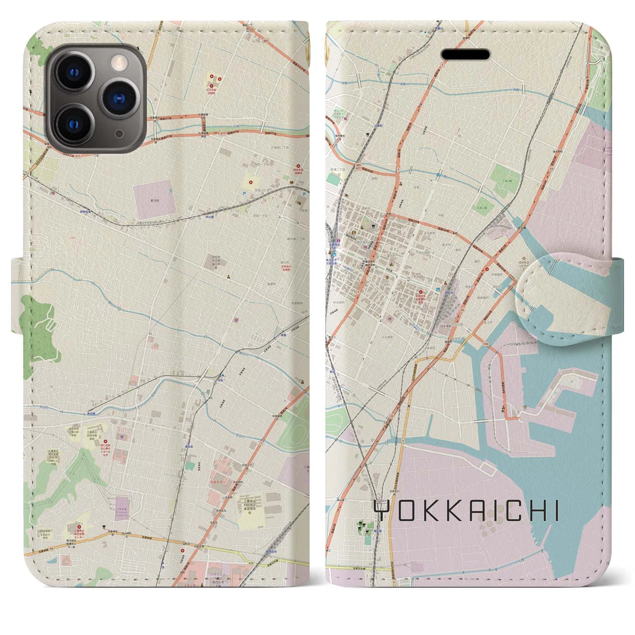 【四日市】地図柄iPhoneケース（手帳両面タイプ・ナチュラル）iPhone 11 Pro Max 用