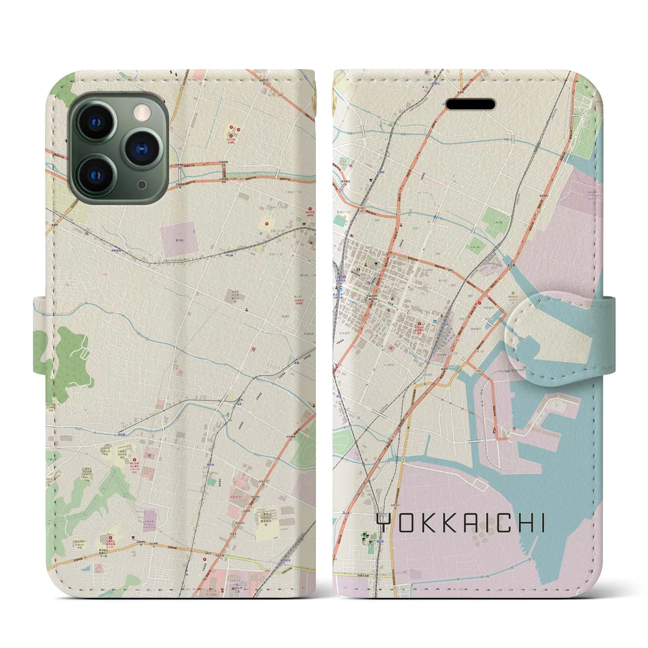 【四日市】地図柄iPhoneケース（手帳両面タイプ・ナチュラル）iPhone 11 Pro 用