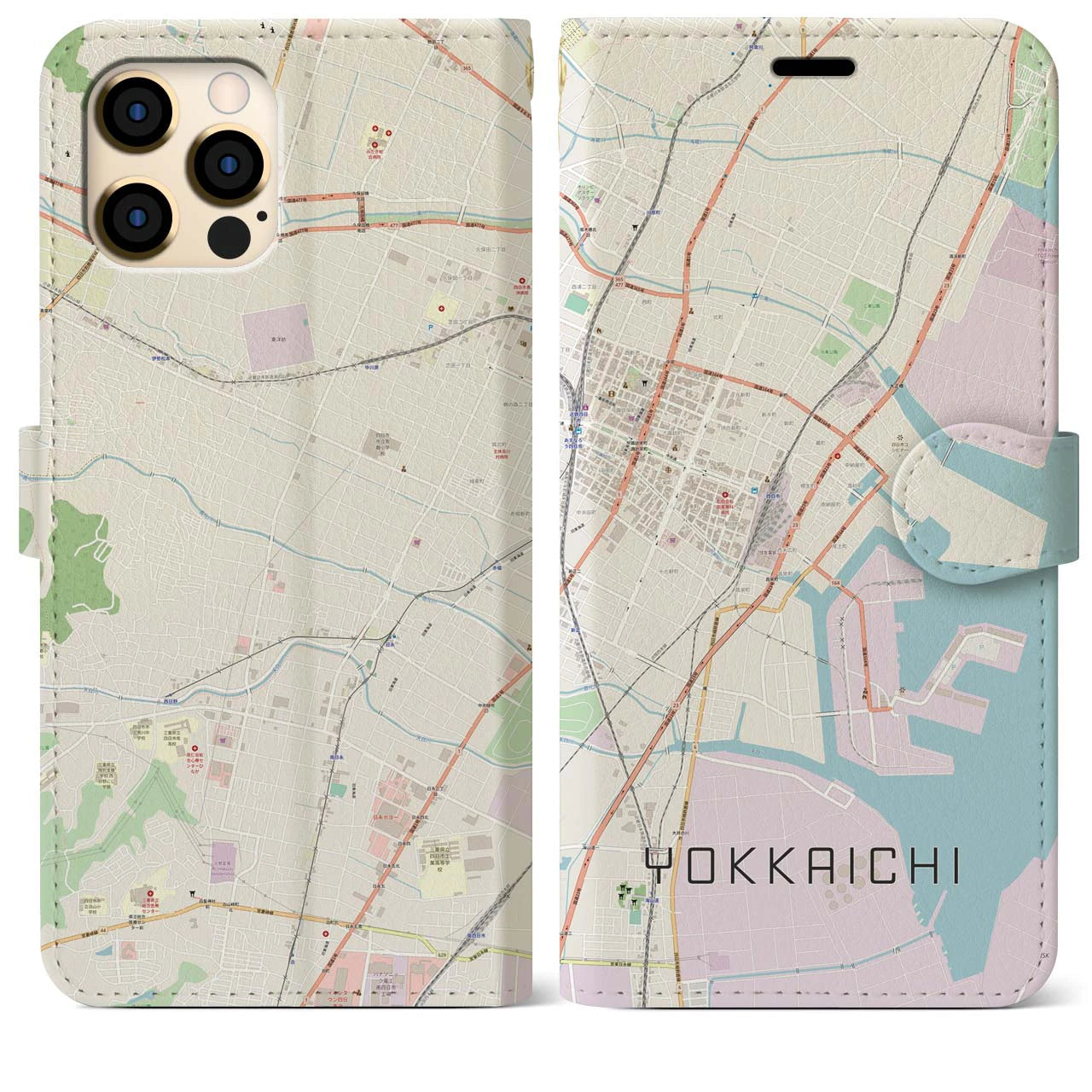【四日市】地図柄iPhoneケース（手帳両面タイプ・ナチュラル）iPhone 12 Pro Max 用