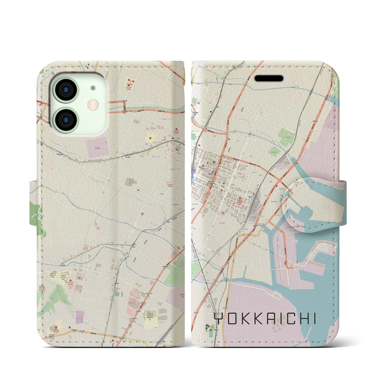 【四日市】地図柄iPhoneケース（手帳両面タイプ・ナチュラル）iPhone 12 mini 用