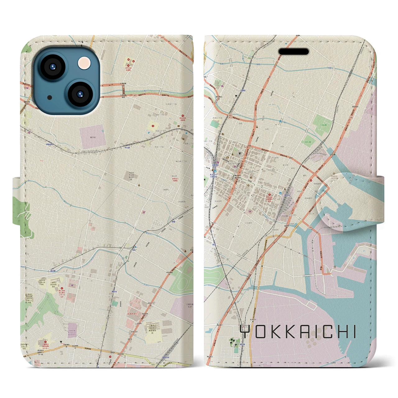 【四日市】地図柄iPhoneケース（手帳両面タイプ・ナチュラル）iPhone 13 用