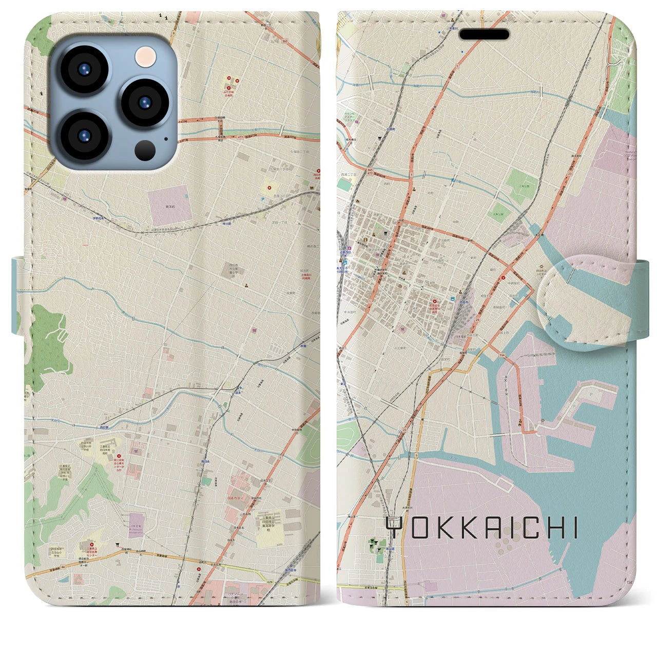 【四日市】地図柄iPhoneケース（手帳両面タイプ・ナチュラル）iPhone 13 Pro Max 用