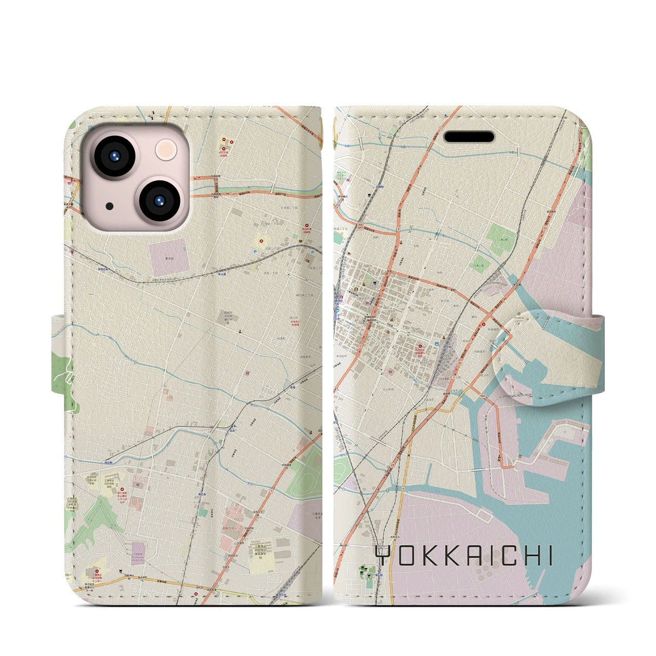 【四日市】地図柄iPhoneケース（手帳両面タイプ・ナチュラル）iPhone 13 mini 用