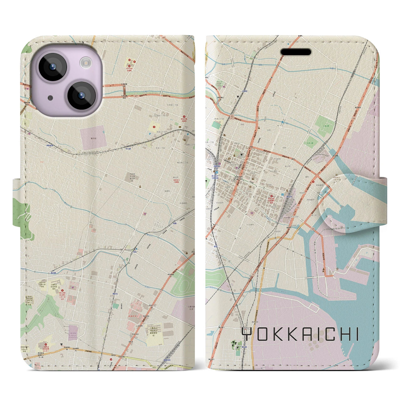 【四日市】地図柄iPhoneケース（手帳両面タイプ・ナチュラル）iPhone 14 用