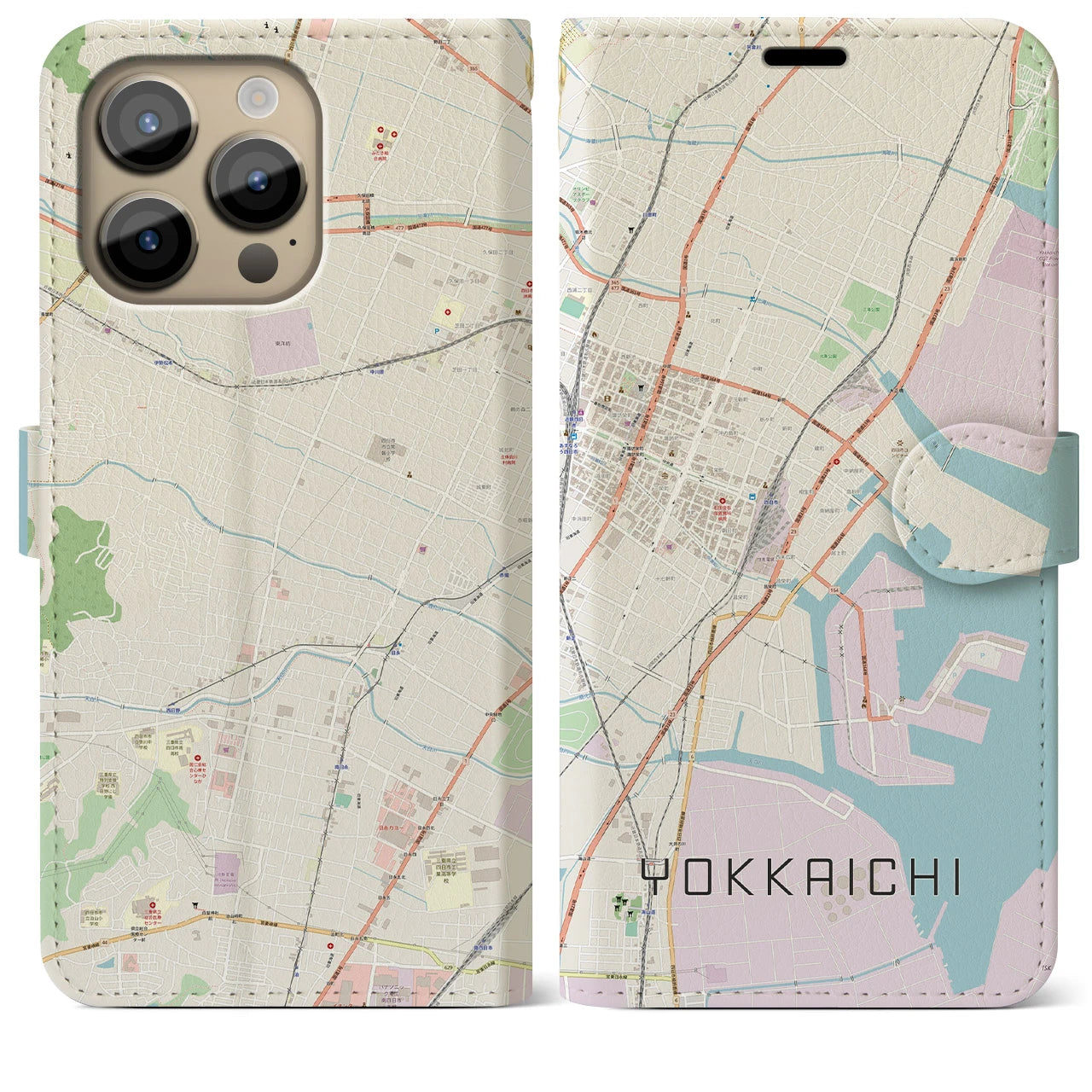 【四日市】地図柄iPhoneケース（手帳両面タイプ・ナチュラル）iPhone 14 Pro Max 用