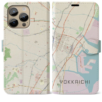 【四日市（三重県）】地図柄iPhoneケース（手帳タイプ）ナチュラル・iPhone 14 Pro Max 用