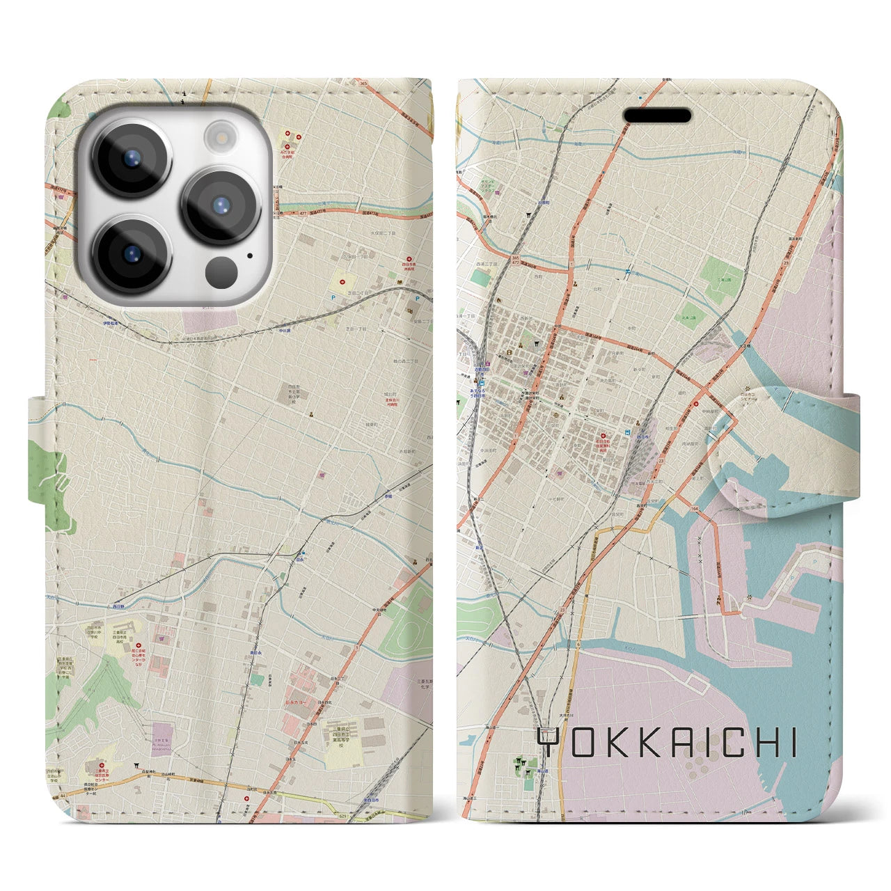 【四日市】地図柄iPhoneケース（手帳両面タイプ・ナチュラル）iPhone 14 Pro 用