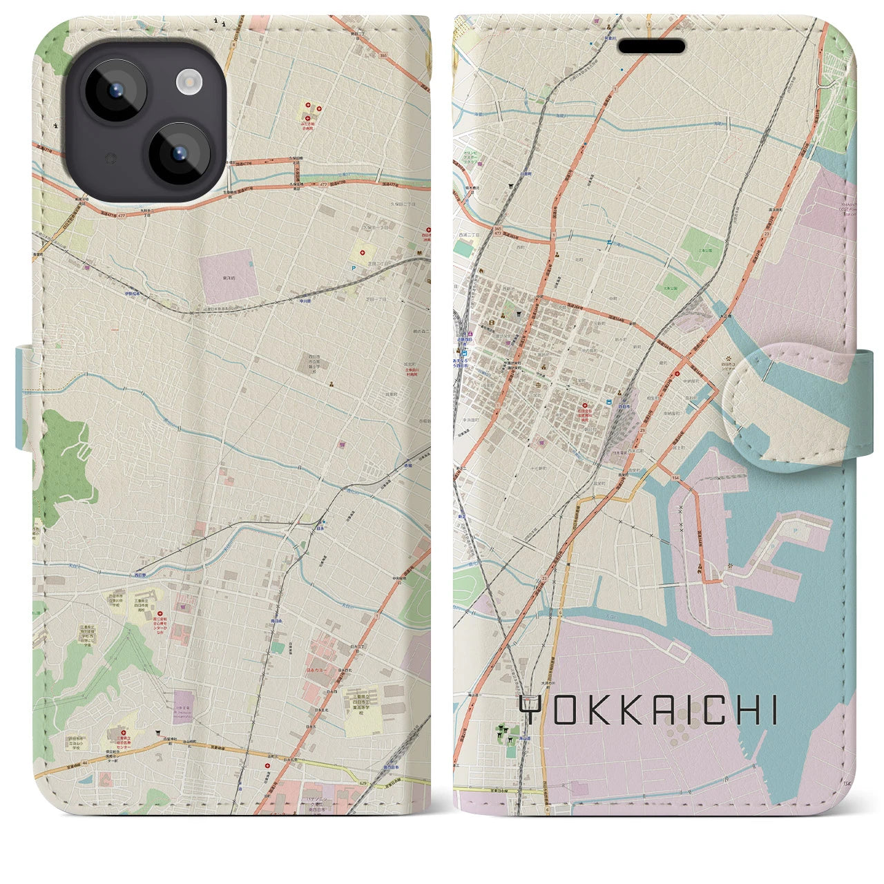 【四日市】地図柄iPhoneケース（手帳両面タイプ・ナチュラル）iPhone 14 Plus 用