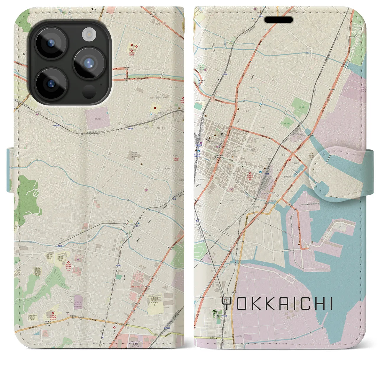 【四日市】地図柄iPhoneケース（手帳両面タイプ・ナチュラル）iPhone 15 Pro Max 用