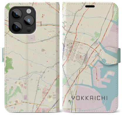 【四日市（三重県）】地図柄iPhoneケース（手帳タイプ）ナチュラル・iPhone 15 Pro Max 用