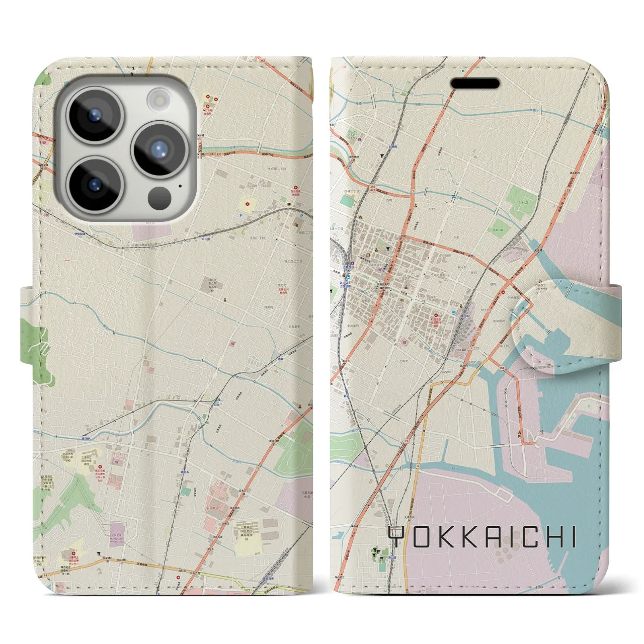 【四日市】地図柄iPhoneケース（手帳両面タイプ・ナチュラル）iPhone 15 Pro 用