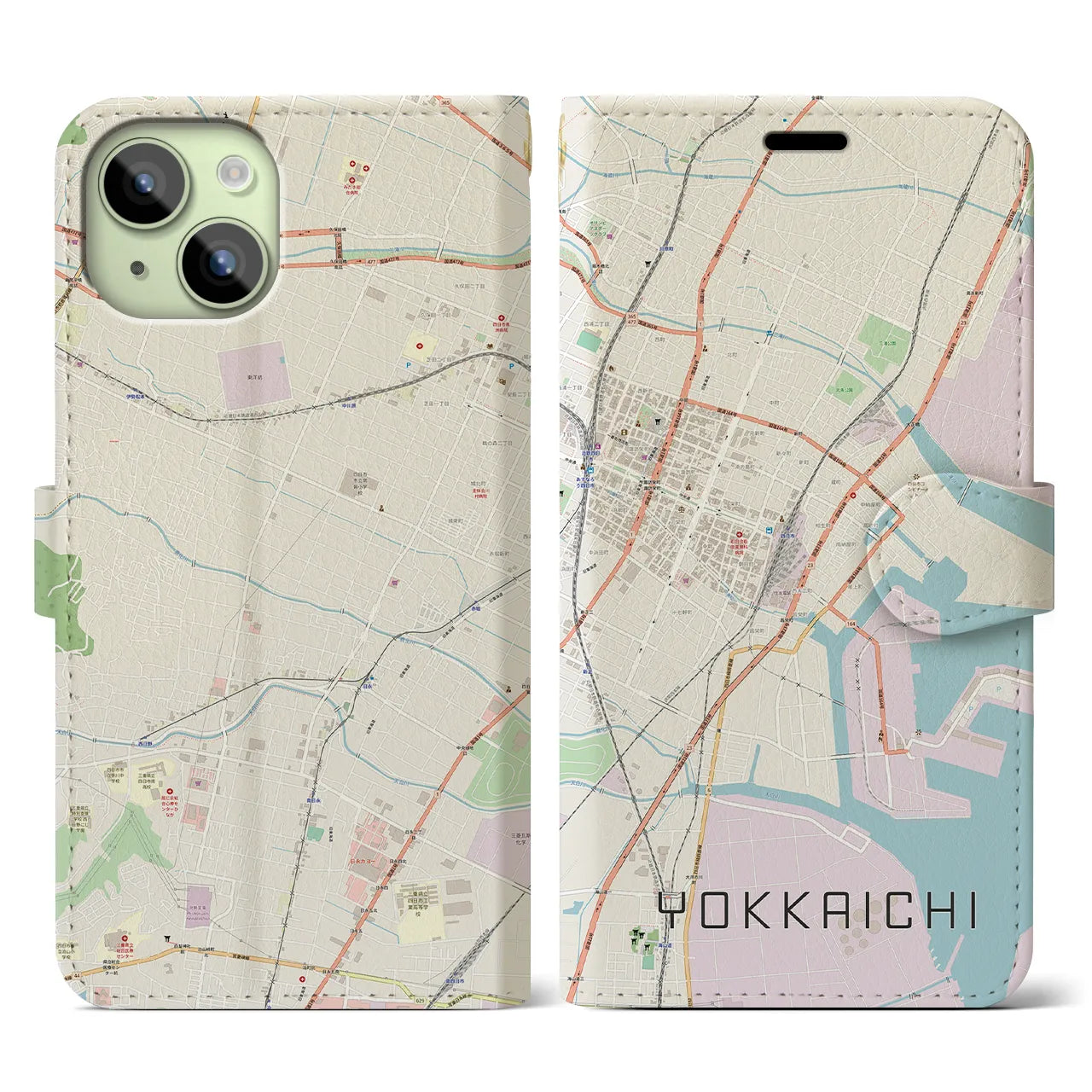 【四日市】地図柄iPhoneケース（手帳両面タイプ・ナチュラル）iPhone 15 用