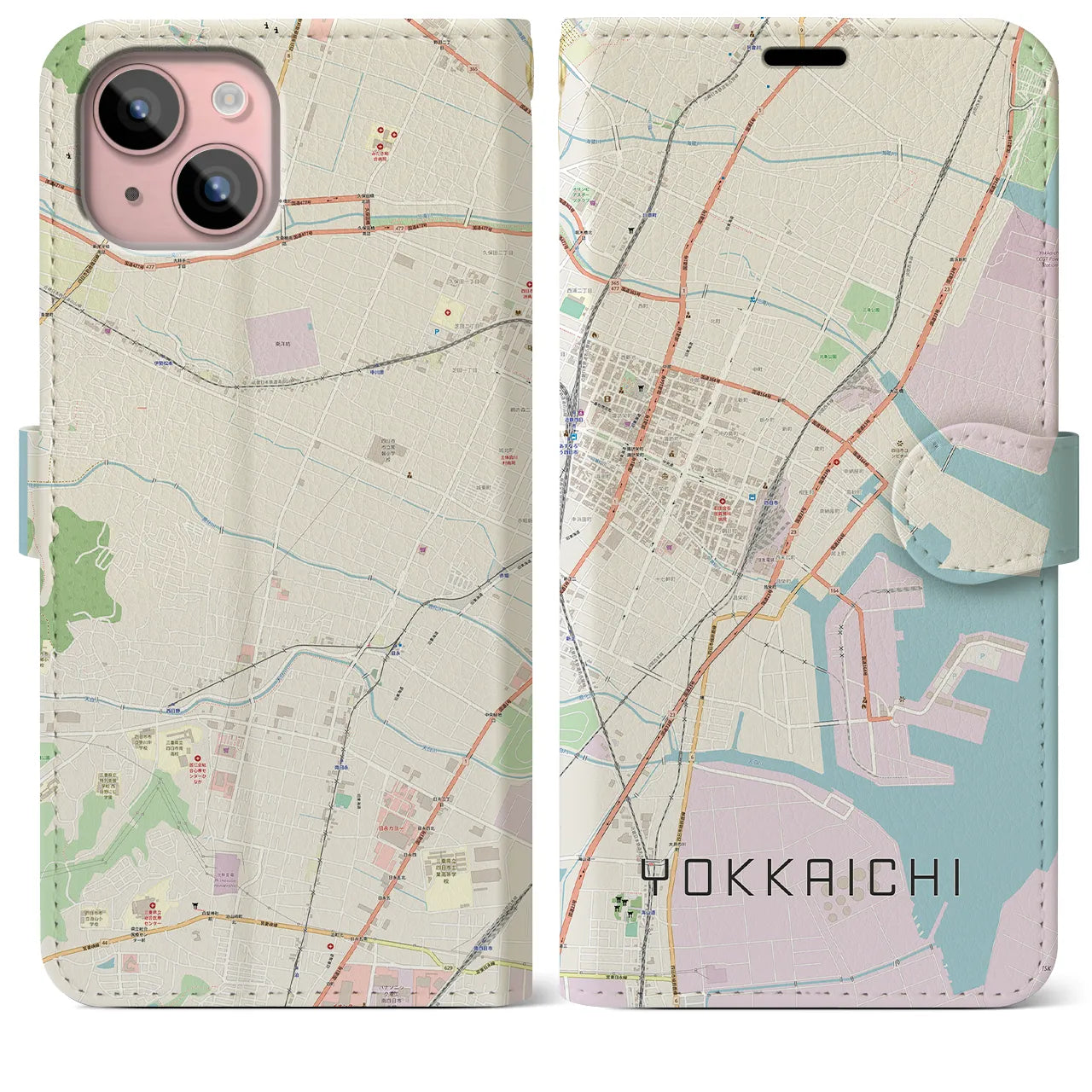 【四日市】地図柄iPhoneケース（手帳両面タイプ・ナチュラル）iPhone 15 Plus 用