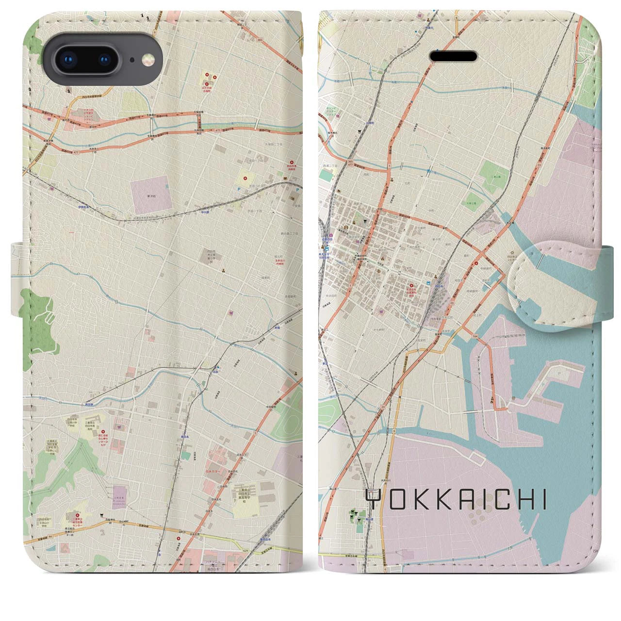 【四日市】地図柄iPhoneケース（手帳両面タイプ・ナチュラル）iPhone 8Plus /7Plus / 6sPlus / 6Plus 用