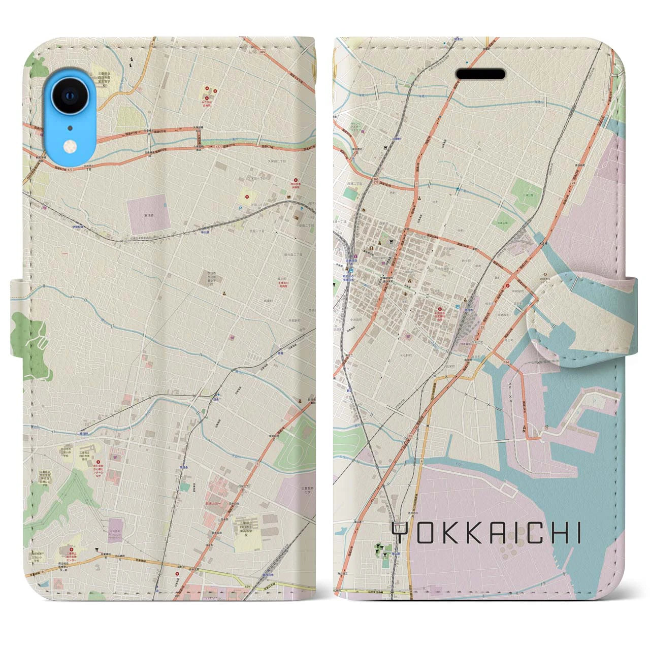 【四日市】地図柄iPhoneケース（手帳両面タイプ・ナチュラル）iPhone XR 用
