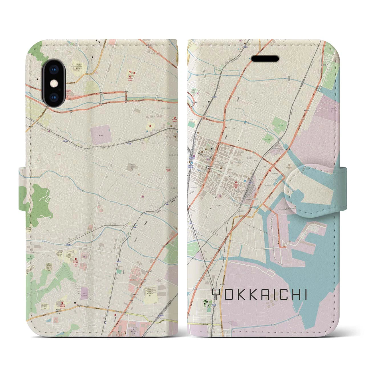 【四日市】地図柄iPhoneケース（手帳両面タイプ・ナチュラル）iPhone XS / X 用